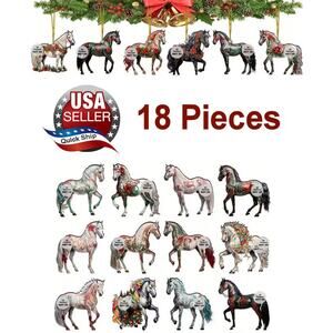 Handcrafted Golden Accented Wooden Horse Christmas Ornaments •18 pcs •Tree Decor